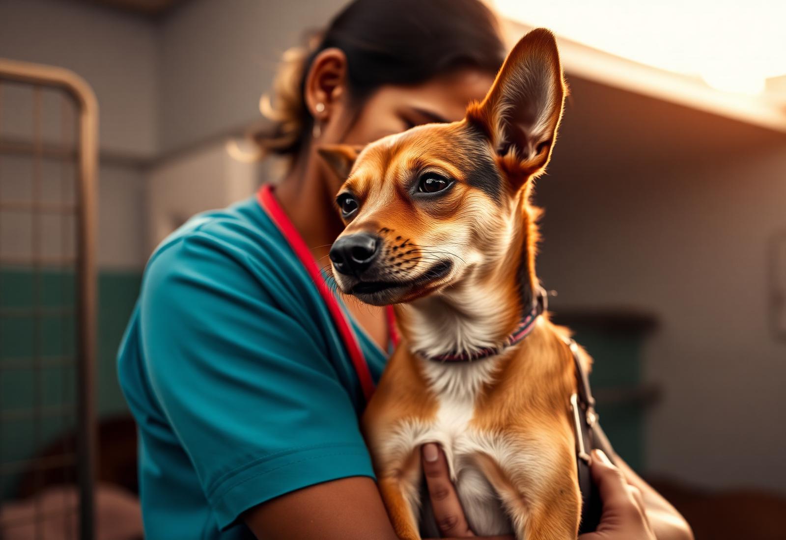 A rescued dog held gently by a Gopi Dog Foundation volunteer